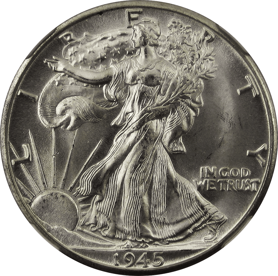 Obverse of a Walking Liberty half dollar showing Liberty striding with a flag