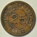 Guatemala Provisional Coinage Copper 25 Centavos 1915