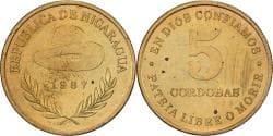 Nicaragua, 5 Cordobas, 1987, Vereinigte Deutsche Nickelwerke, Aluminum-Bronze