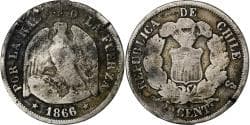 Chile, 20 Centavos, 1866, Santiago, Silver, , KM:135