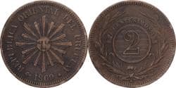 Uruguay, 2 Centesimos, 1869, Uruguay Mint, Bronze, , KM:12