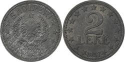 Albania, 2 Leke, 1957, Zinc, , KM:37