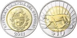 Uruguay, 10 Pesos Uruguayos, 2011, Bi-Metallic, , KM:134