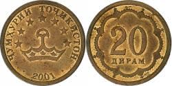 Tajikistan, 20 Drams, 2001, St. Petersburg, Brass Clad Steel, , KM:4.2