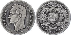 VENEZUELA, Gram 10, 2 Bolivares, 1935, KM #23, , Silver, 27, 9.75