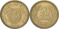 Colombia, 20 Pesos, 1990, Aluminum-Bronze, , KM:282.1