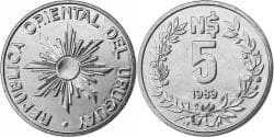 Uruguay, 5 Nuevo Pesos, 1989, Pessac, Stainless Steel, , KM:92