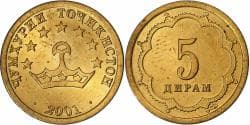 Tajikistan, 5 Drams, 2001, St. Petersburg, Brass Clad Steel, , KM:2.2
