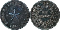 Chile, 1 Centavo, 1853, Santiago, Copper,