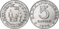 Indonesia, 5 Rupiah, 1974, Aluminum, , KM:37