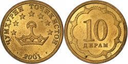 Tajikistan, 10 Drams, 2001, St. Petersburg, Brass Clad Steel, , KM:3.2