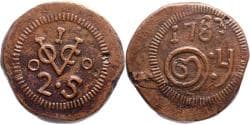 2 stuiver VOC Ceylon 1783 PCGS XF 40