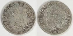 BOLIVIA - Republic, 1909 H, 50 Centavos / ½ Boliviano, Extra Fine