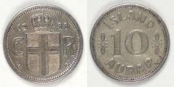 ICELAND - Kingdom, Christian X, 1933 ♥N; GJ, 10 Aurar, Almost Uncirculated