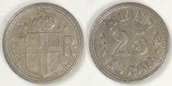 ICELAND - Kingdom, Christian X, 1933 ♥N; GJ, 25 Aurar, Choice EF