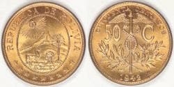 BOLIVIA - Republic, 1942, 50 Centavos, Gem BU Red