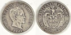 COLOMBIA - Republic, 1921, 50 Centavos, Very Fine