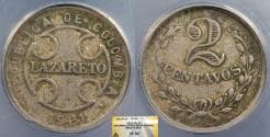 COLOMBIA Lazareto 1921-RH 2 Centavos ANACS VF-30