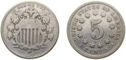 United States Federal republic 1867 5 Cents "Shield Nickel" (without rays) Copper-nickel (.750 Cu, .250 Ni) Philadelphia mint...