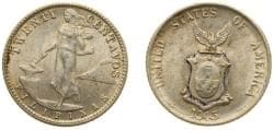 Philippines Commonwealth 1945 D 20 Centavos Silver (.750) (Copper .250) Denver Mint (90204000) 4g UNC KM 182 Schön 20