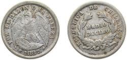 Chile Republic 1887 So ½ Decimo Silver (.500) Santiago mint 1.25g XF KM137.3