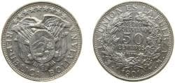 Bolivia Republic 1901 PTS MM ½ Boliviano / 50 Centavos Silver (.900) Potosi Mint (1988230) 11.5g XF KM 175.1 Schön 7