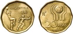 Argentina Federal Republic 1977 BAˢ 20 Pesos (Soccer) Aluminium bronze (Cu 92 Al 8) Buenos Aires Mint (1506000) 4.92g UNC KM...