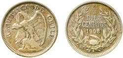 Chile Republic 1908 So 10 Centavos Billon (.400 silver) Casa de Moneda de Chile Mint (4149000) 1.49g XF KM 156.2a