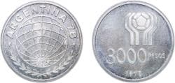 Argentina Federal Republic 1978 3000 Pesos (World Football Championship) Silver (.900) Casa de Moneda de Chile Mint (1912) 25...