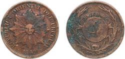 Uruguay Oriental Republic of Uruguay 1869 H 4 Centésimos Bronze Heaton and Sons / The Mint Birmingham Limited (6250000) 20g V...