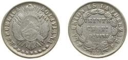 Bolivia Republic 1884 PTS FE 20 Centavos Silver (.900) Potosi Mint 4.6g VF KM 159.1 Schön 3