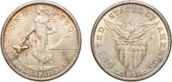 Philippines Insular Government 1911 S 1 Peso (Small type) Wonderful patina With traces of luster Silver (.800) (Copper .200) ...