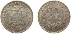 Bolivia Republic 1902 PTS MM ½ Boliviano / 50 Centavos Silver (.900) Potosi Mint (1528640) 11.5g XF KM 175.1 Schön 7