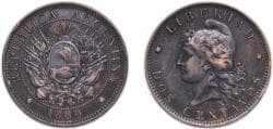 Argentina Federal Republic 1889 2 Centavos Bronze (2391000) 10.04g XF KM 33