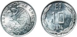 Chile Republic 1974 So 10 Escudos Aluminium Casa de Moneda de Chile Mint (33750000) 2.02g UNC KM 200