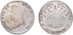 Bolivia Republic 1854 PTS MJ 4 Soles Silver (.667) Potosi Mint 13.16g VF KM 123