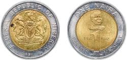 Nigeria Republic 2006 1 Naira Bimetallic: brass centre in stainless steel ring (Centre: Brass Plated Steel) 5.3g BU KM 18 Sch...