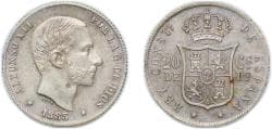 Philippines 1885 20 Centavos - Alfonso XII Silver (.835) Manila Mint (1344000) 5.18g AU KM 149