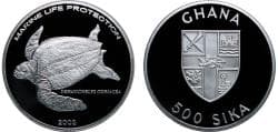 Ghana 2003 500 Sika - Marine life protection Dermochelys Coriacea Silver (.925) PF X 28