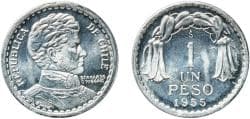 Chile Republic 1955 So 1 Peso Aluminium Casa de Moneda de Chile Mint (69050000) 1.97g UNC KM 179a Schön 26
