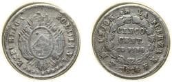 Bolivia Republic 1874 PTS FE 5 Centavos Silver (.900) Potosi Mint 1.15g VF Cleaned KM 157.1