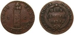 Haiti First Republic 1831 2 Centimes Copper 5.96g XF KM A22