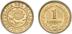 Paraguay Republic 1950 HF 1 Céntimo Aluminium bronze (Copper 92%, Aluminium 8%) Buenos Aires Mint (1096000) 2g UNC KM 20 Schö...