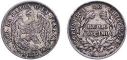 Chile Republic 1887 So ½ / Medio Decimo Silver (.500) (3081000) 1.25g XF KM 137.3