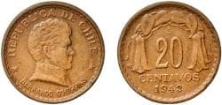 Chile Republic 1943 So 20 Centavos Copper Casa de Moneda de Chile Mint (396000000) 2.96g XF KM 177