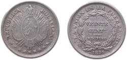 Bolivia Republic 1891 PTS CB 20 Centavos Silver (.900) Potosi Mint 4.6g XF KM 159 Schön 3
