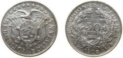Bolivia Republic 1905 PTS AB ½ Boliviano / 50 Centavos Silver (.900) Potosi Mint 11.5g AU KM 175.1 Schön 7