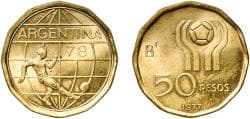 Argentina Federal Republic 1977 BAˢ 50 Pesos (Soccer) Aluminium bronze (Cu 92 Al 8) Buenos Aires Mint (1506000) 5.73g UNC KM...