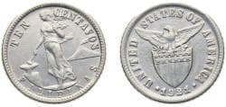 Philippines Insular Government 1921 10 Centavos (Small type) Silver (.750) (Copper .250) Manila mint (3863000) 2g AU KM169 Sc...
