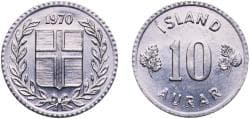 Iceland Republic 1970 10 Aurar Aluminium (96.5% Aluminium, 3.5% Magnesium) Royal Mint (4800000) 0.45g UNC KM 10a Schön 13a S...